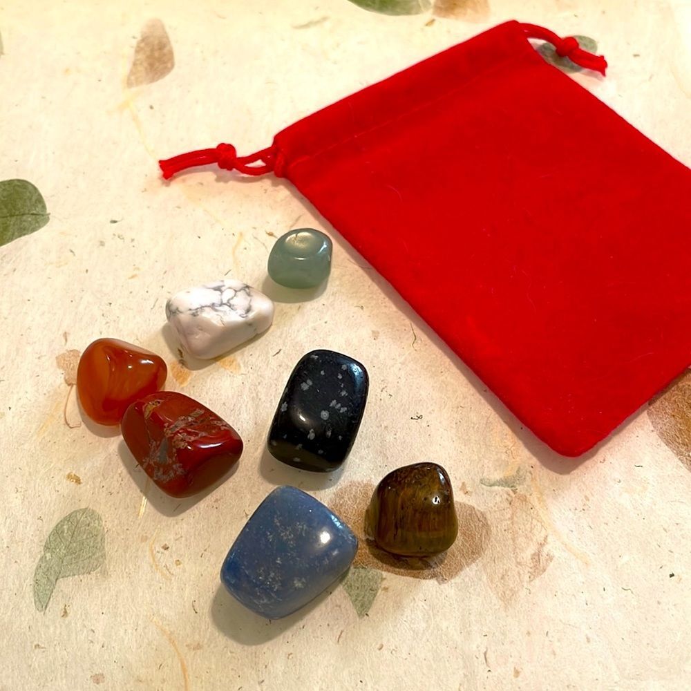 7 intention stones carnelian tigers howlite aventurine obsidian jasper & red bag
